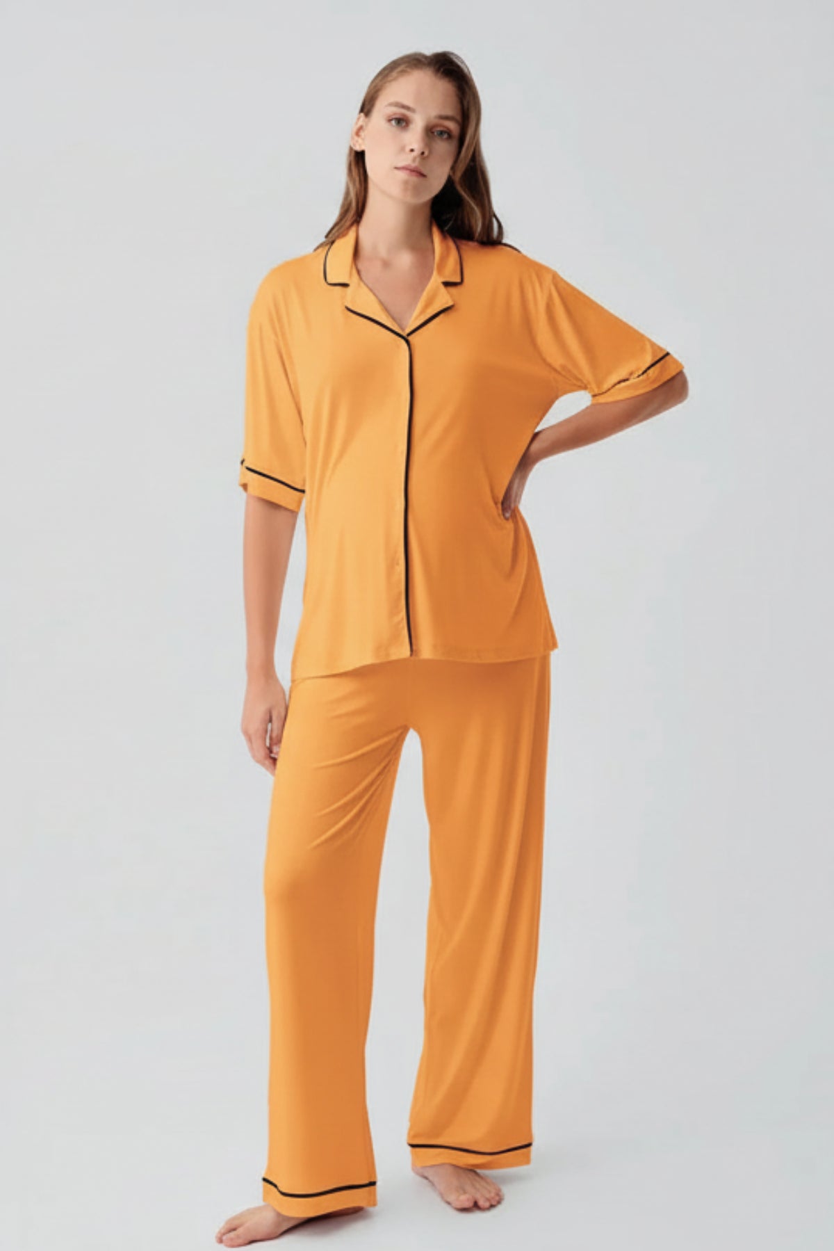 Piped Oversize Maternity Feeding-Friendly Pajama Set Orange - S19210
