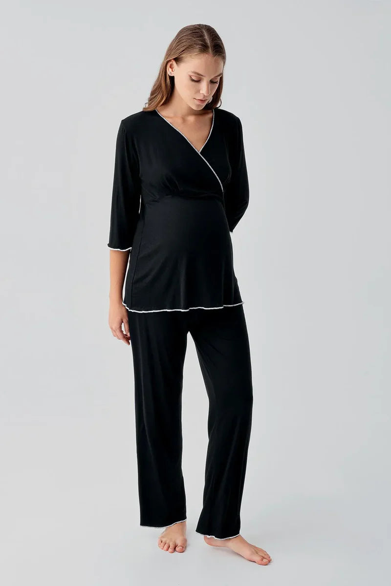 Elegant Piped Wrap Maternity Feeding-Friendly Pajama Set Black - S19212
