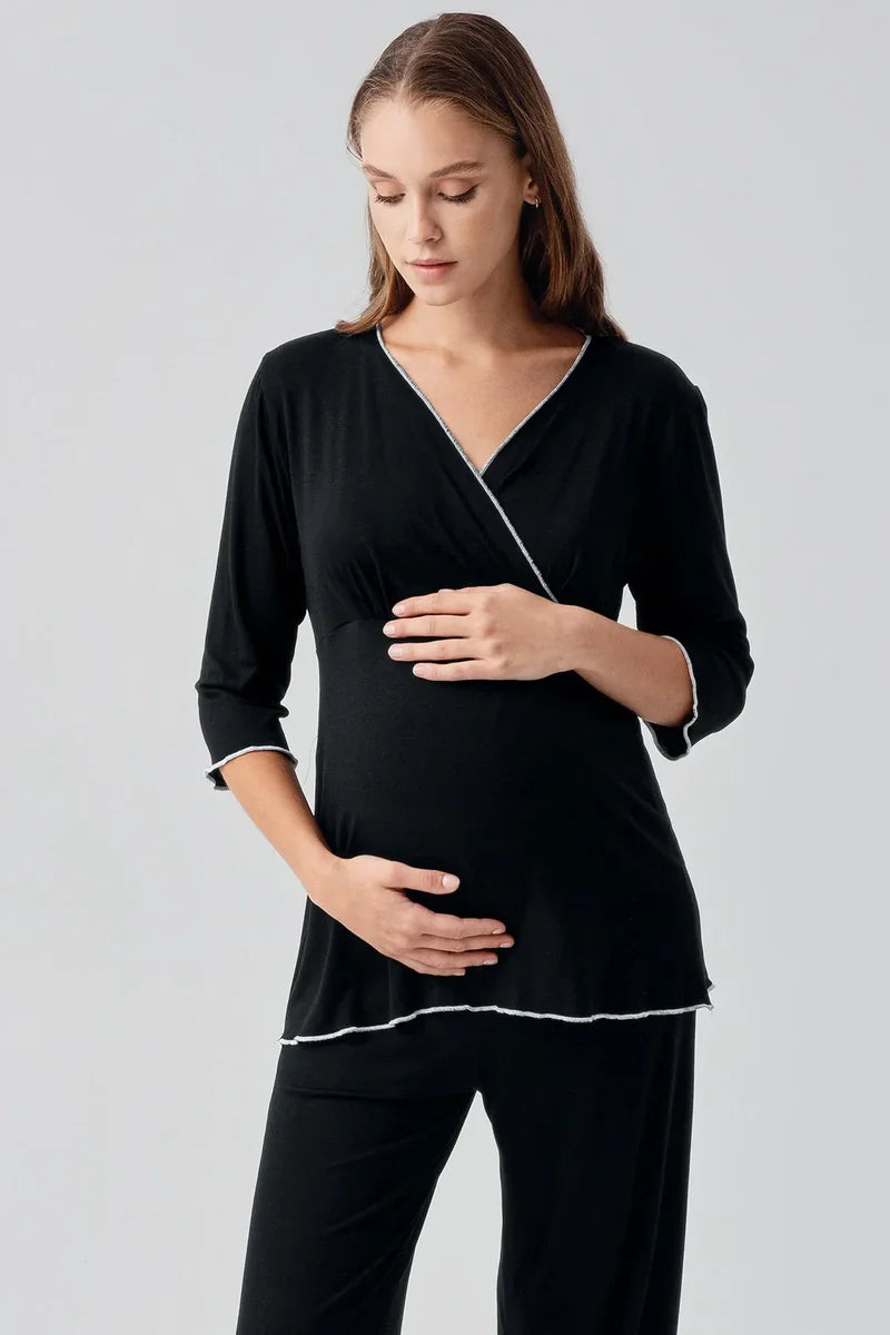 Elegant Piped Wrap Maternity Feeding-Friendly Pajama Set Black - S19212