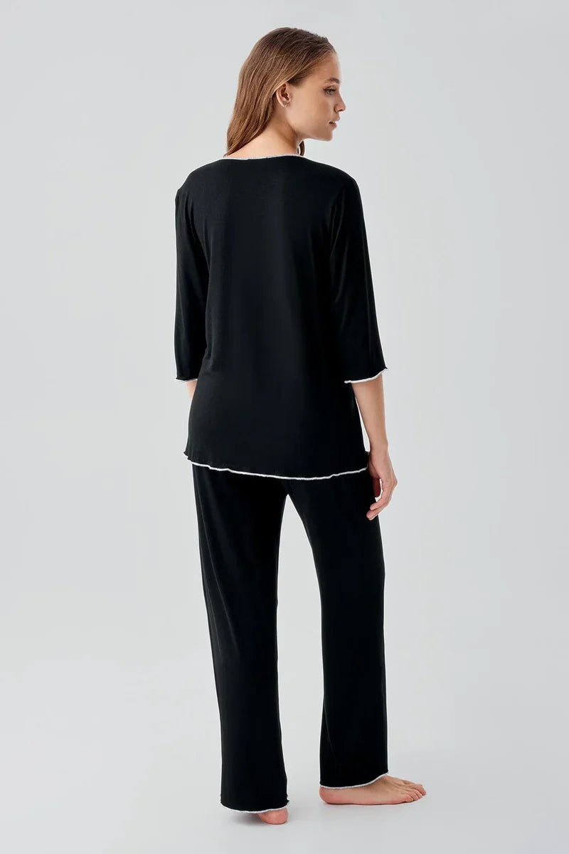 Elegant Piped Wrap Maternity Feeding-Friendly Pajama Set Black - S19212