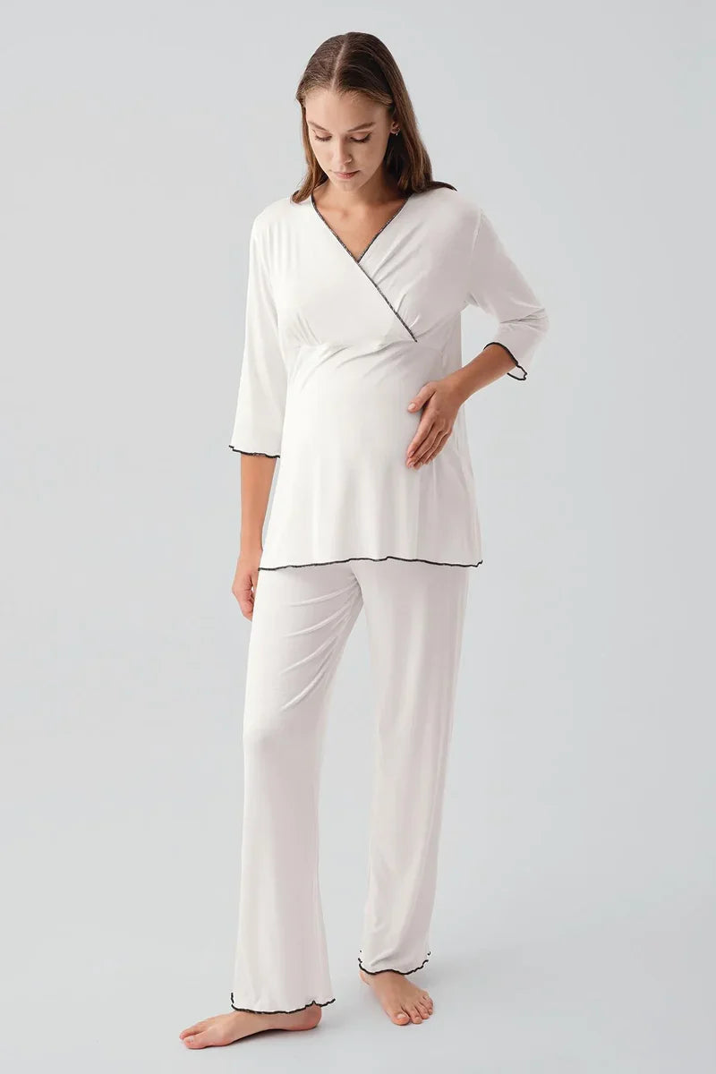 Elegant Piped Wrap Maternity Feeding-Friendly Pajama Set Ecru - S19212