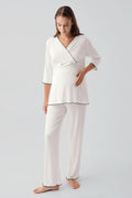 Elegant Piped Wrap Maternity Feeding-Friendly Pajama Set Ecru - S19212