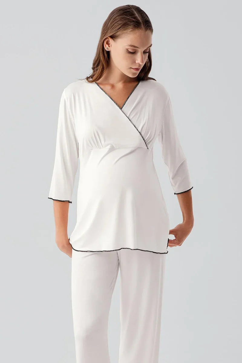 Elegant Piped Wrap Maternity Feeding-Friendly Pajama Set Ecru - S19212