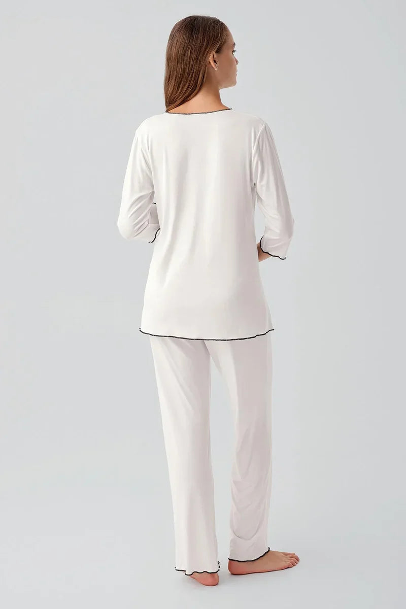 Elegant Piped Wrap Maternity Feeding-Friendly Pajama Set Ecru - S19212