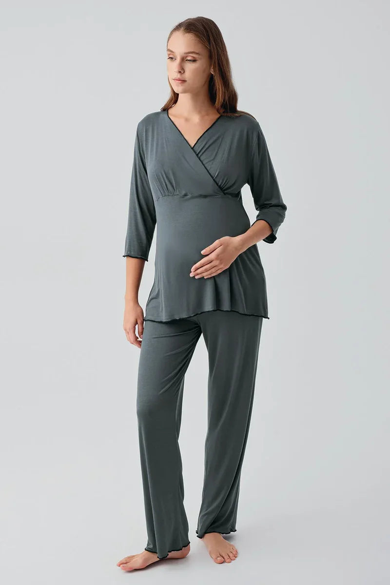 Elegant Piped Wrap Maternity Feeding-Friendly Pajama Set Green - S19212