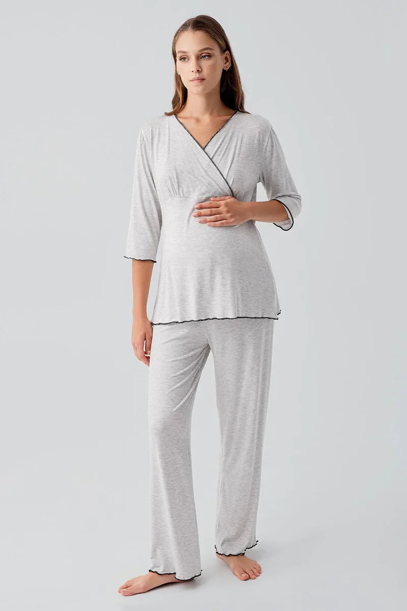 Elegant Piped Wrap Maternity Feeding-Friendly Pajama Set Grey - S19212