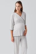 Elegant Piped Wrap Maternity Feeding-Friendly Pajama Set Grey - S19212