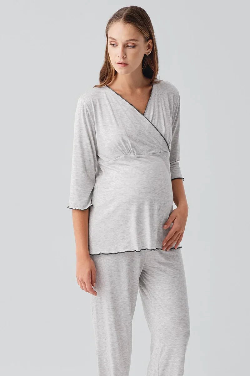 Elegant Piped Wrap Maternity Feeding-Friendly Pajama Set Grey - S19212