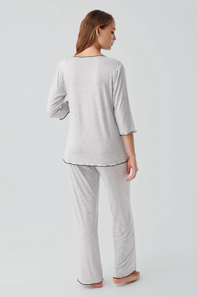 Elegant Piped Wrap Maternity Feeding-Friendly Pajama Set Grey - S19212