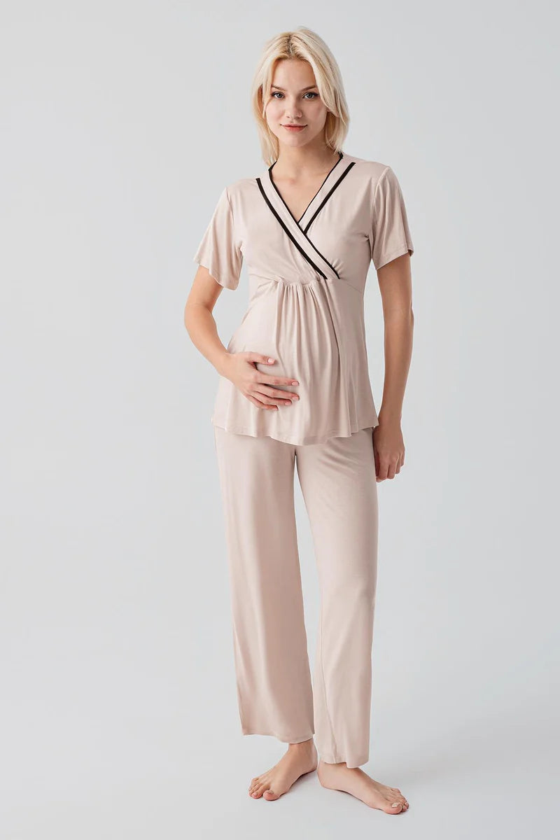 Piped Wrap 4-Piece Maternity Feeding-Friendly Set Beige - S417217