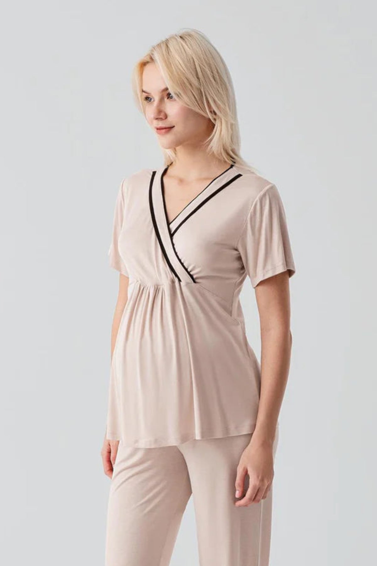 Piped Wrap Maternity Feeding-Friendly Pajama Set Beige - S19217