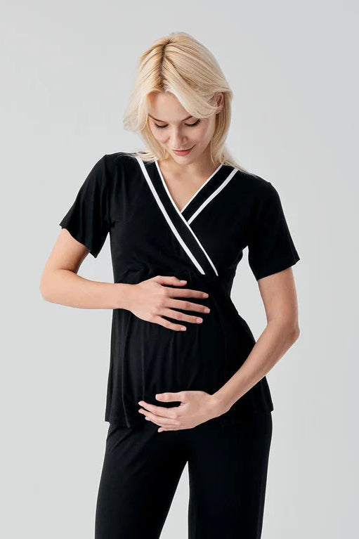 Piped Wrap Maternity Feeding-Friendly Pajama Set Black - S19217