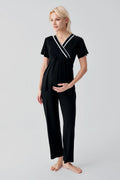 Piped Wrap Maternity Feeding-Friendly Pajama Set Black - S19217
