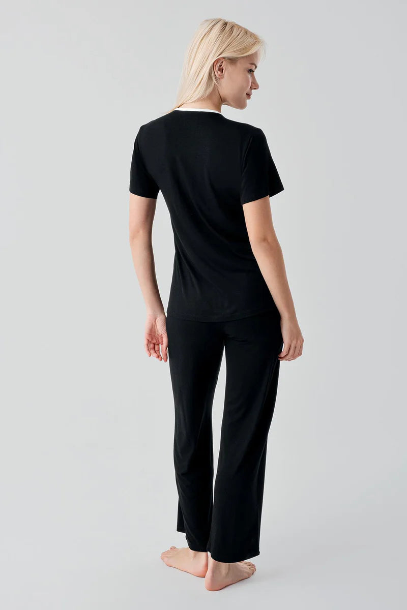 Piped Wrap Maternity Feeding-Friendly Pajama Set Black - S19217