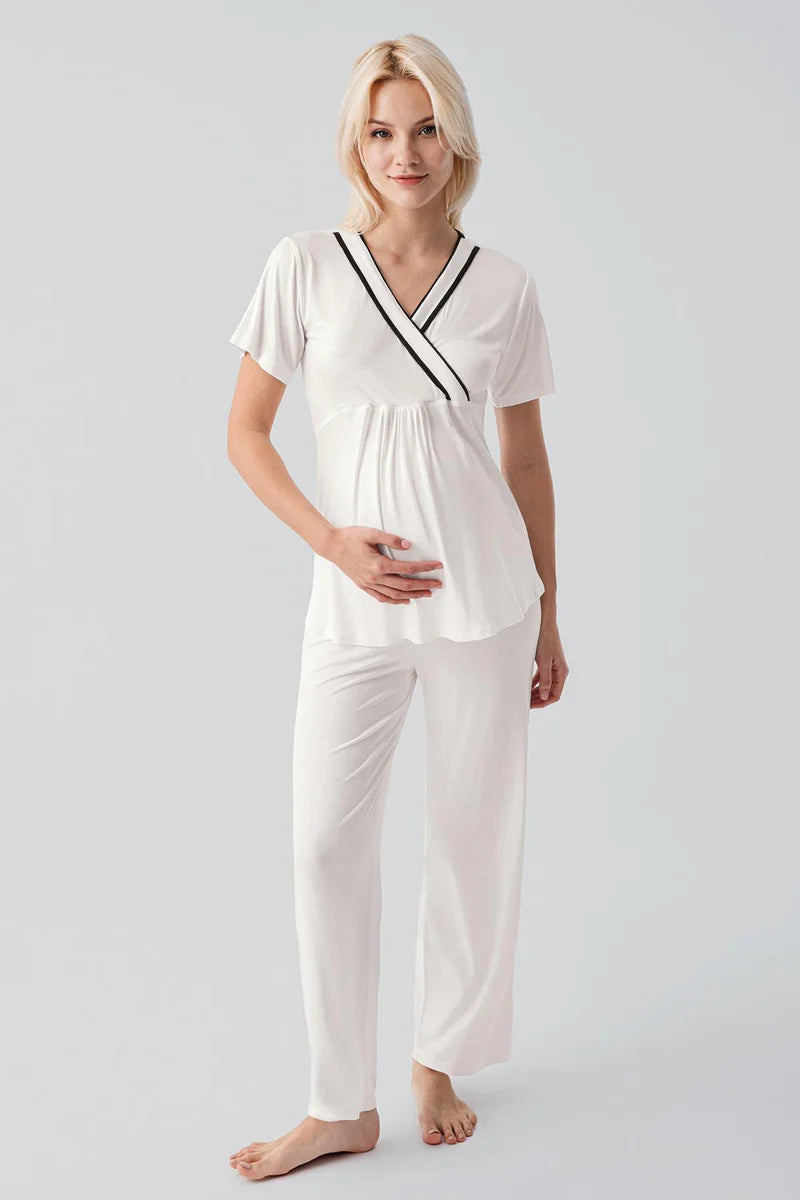 Piped Wrap Maternity Feeding-Friendly Pajama Set Ecru - S19217