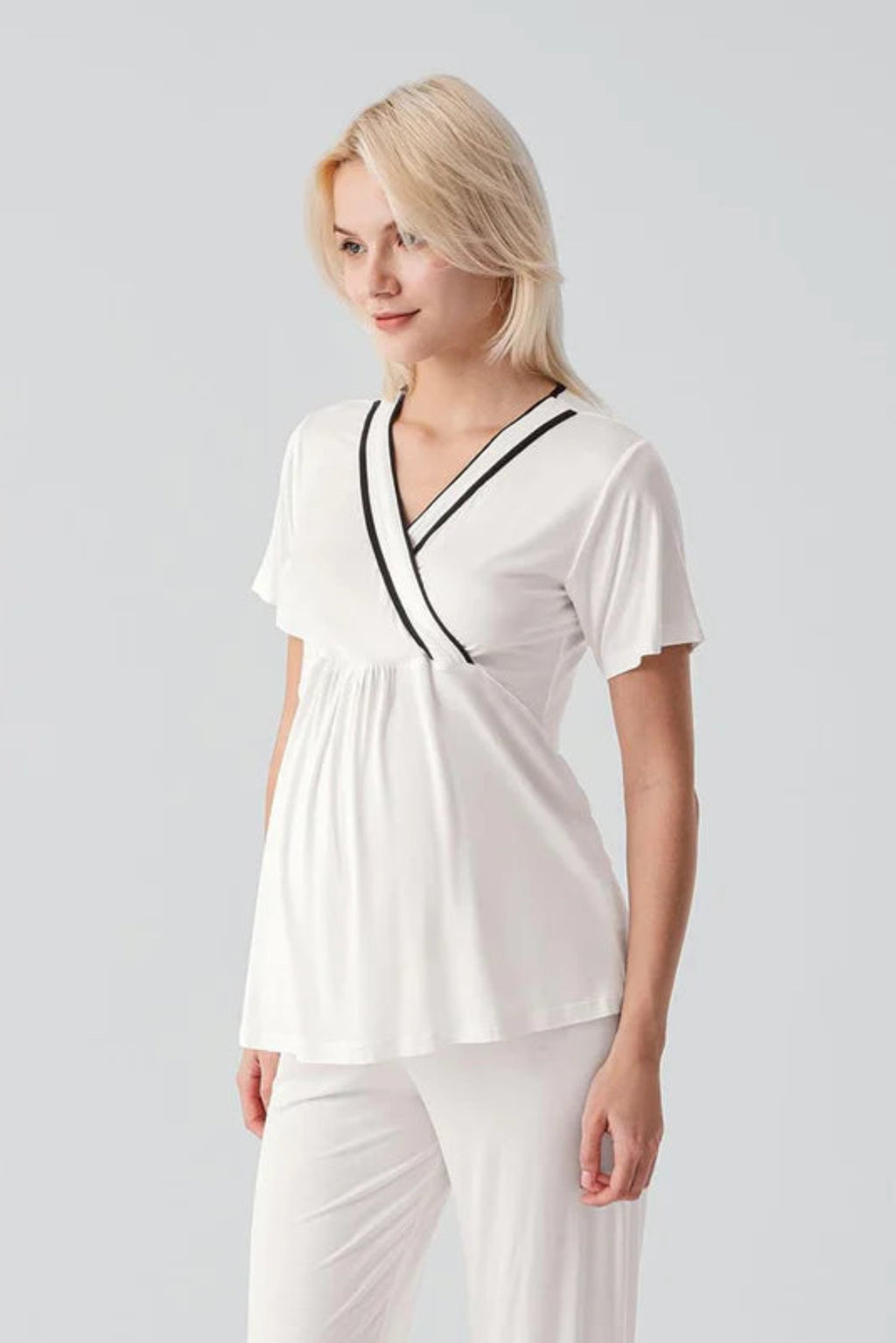 Piped Wrap Maternity Feeding-Friendly Pajama Set Ecru - S19217