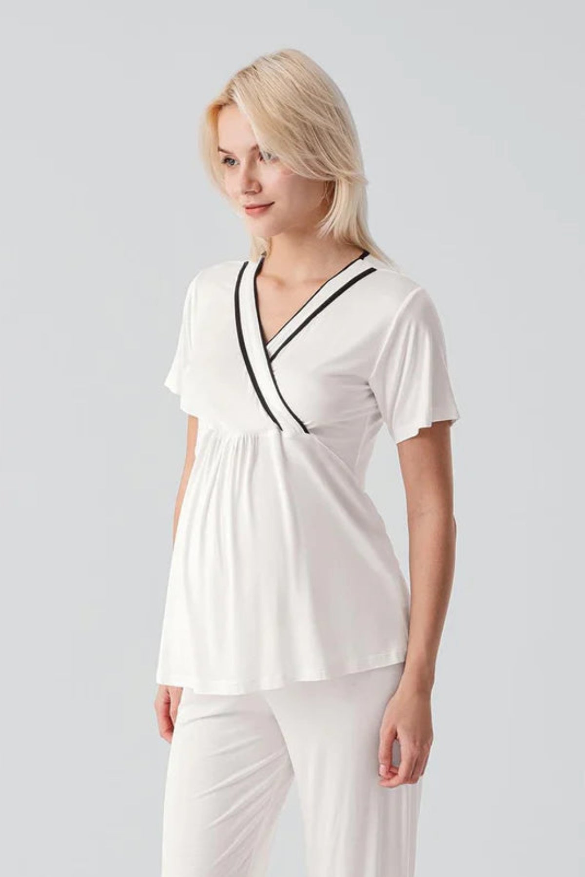 Piped Wrap Maternity Feeding-Friendly Pajama Set Ecru - S19217