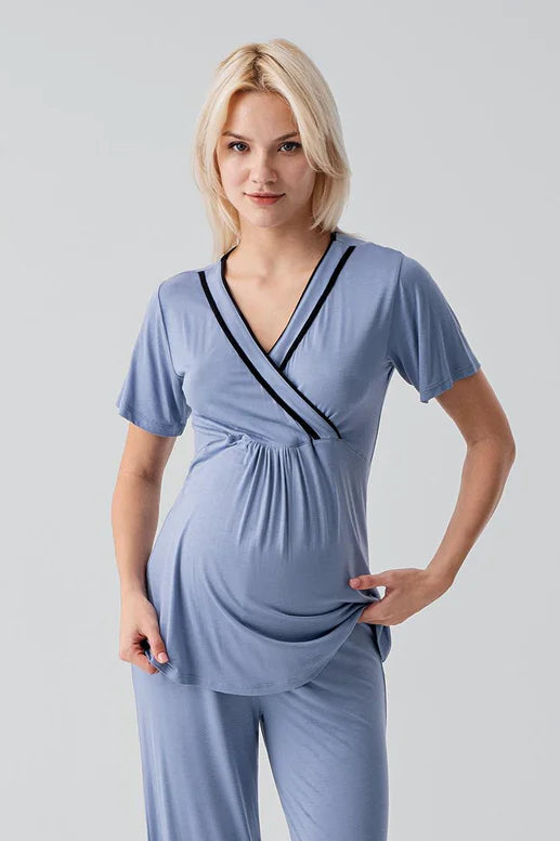 Piped Wrap Maternity Feeding-Friendly Pajama Set Indigo - S19217