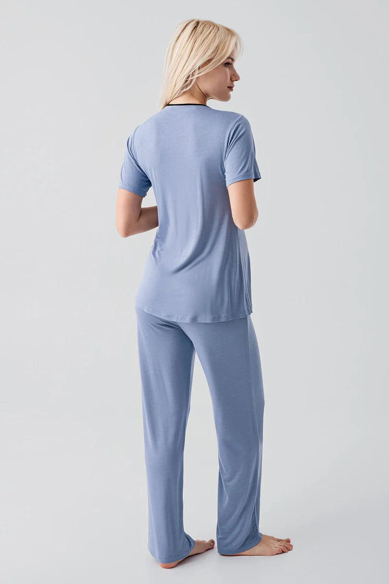 Piped Wrap Maternity Feeding-Friendly Pajama Set Indigo - S19217