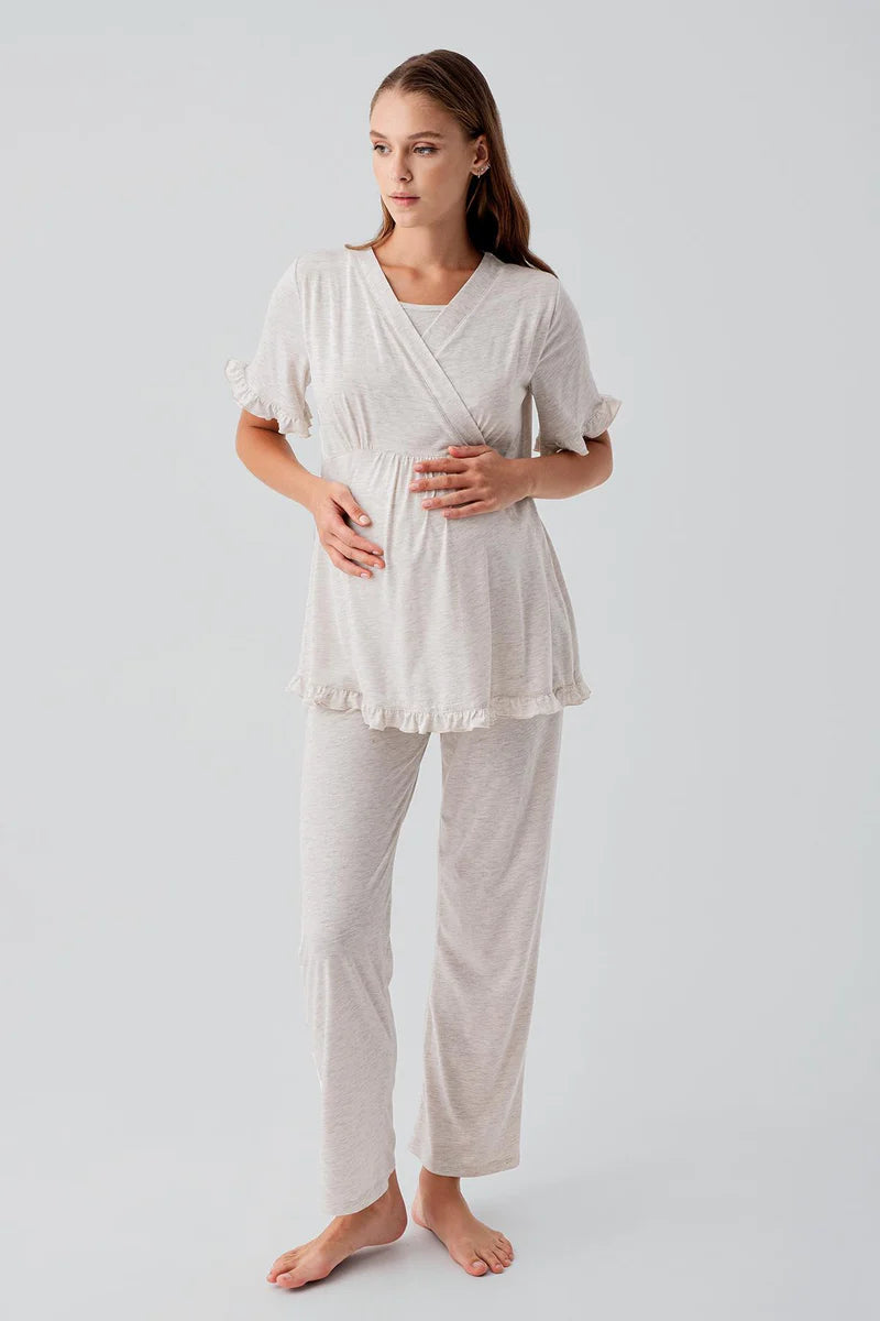 Pleated Wrap Maternity Feeding-Friendly Pajama Set Beige - S19218
