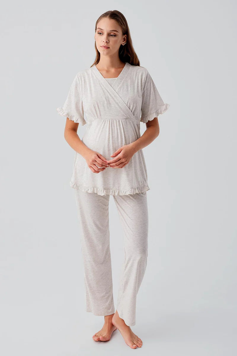 Pleated Wrap Maternity Feeding-Friendly Pajama Set Beige - S19218