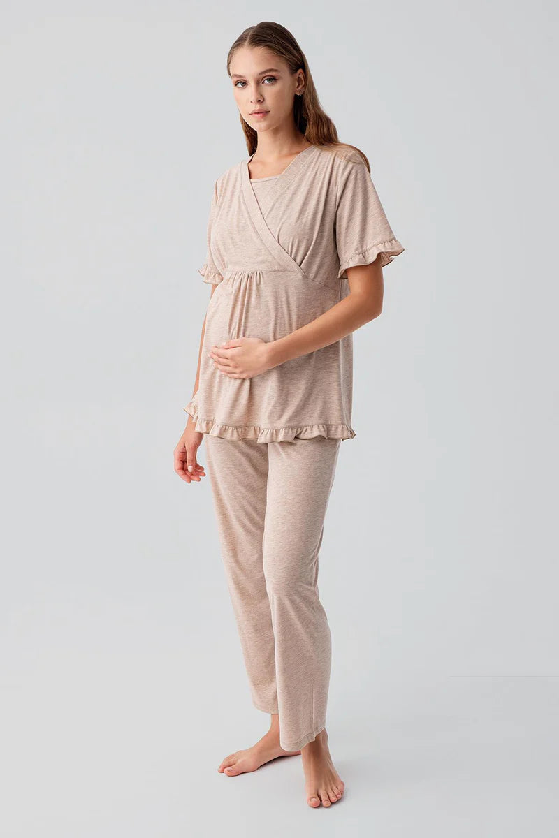 Pleated Wrap Maternity Feeding-Friendly Pajama Set Coffee - S19218