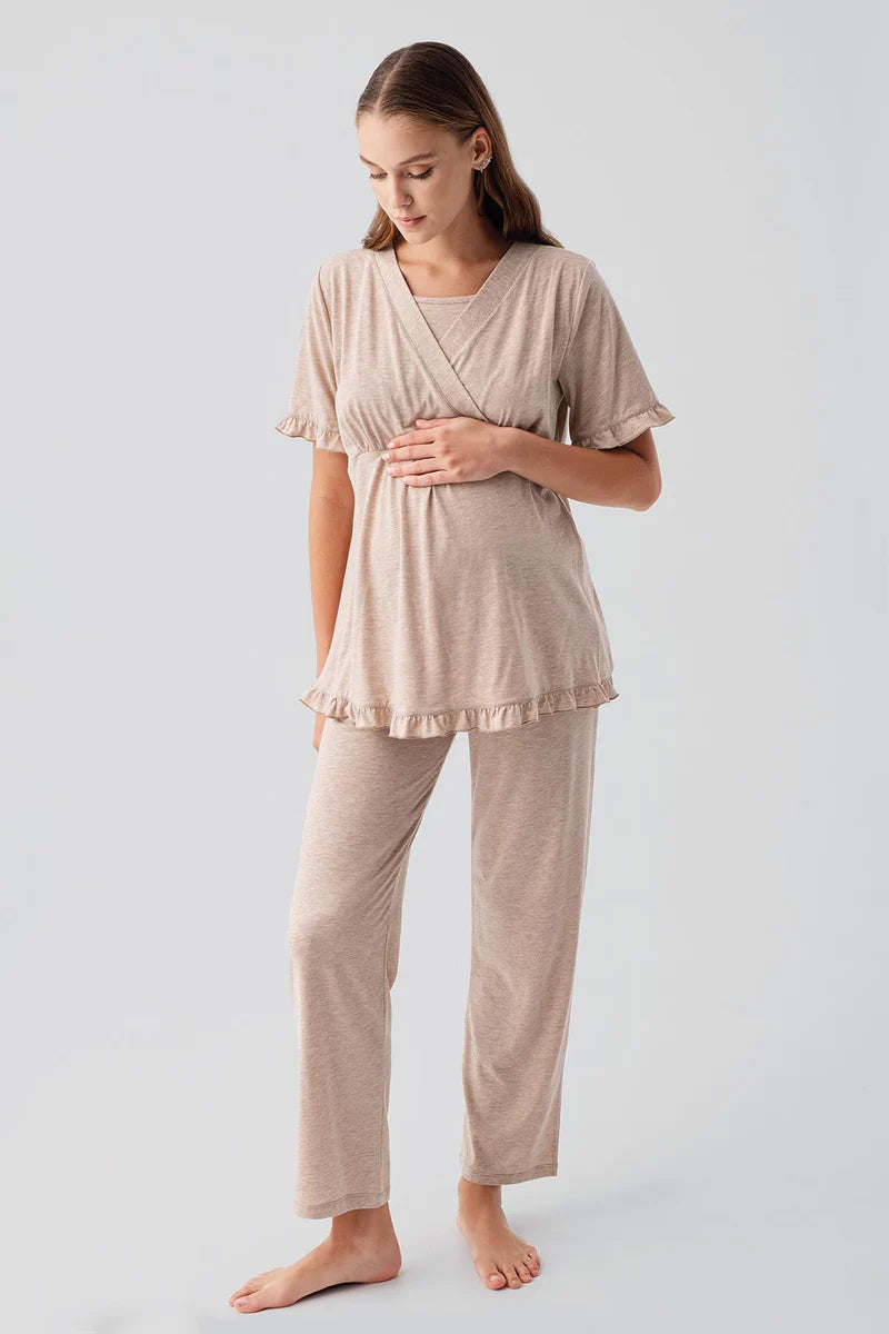 Pleated Wrap Maternity Feeding-Friendly Pajama Set Coffee - S19218