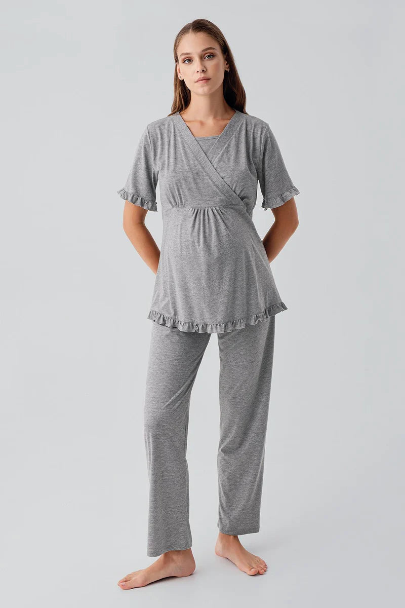 Pleated Wrap Maternity Feeding-Friendly Pajama Set Grey - S19218