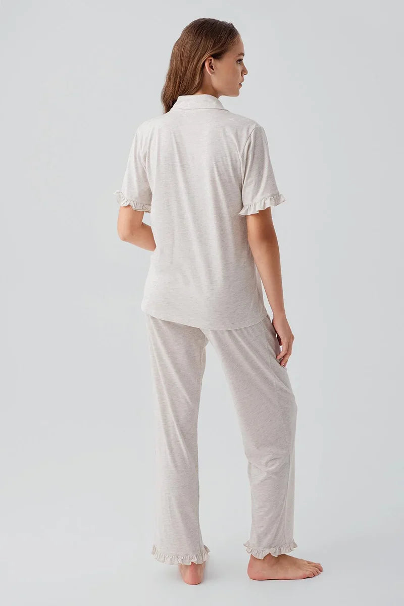 Pleated Sleeves Maternity Feeding-Friendly Pajama Set Beige - S19219