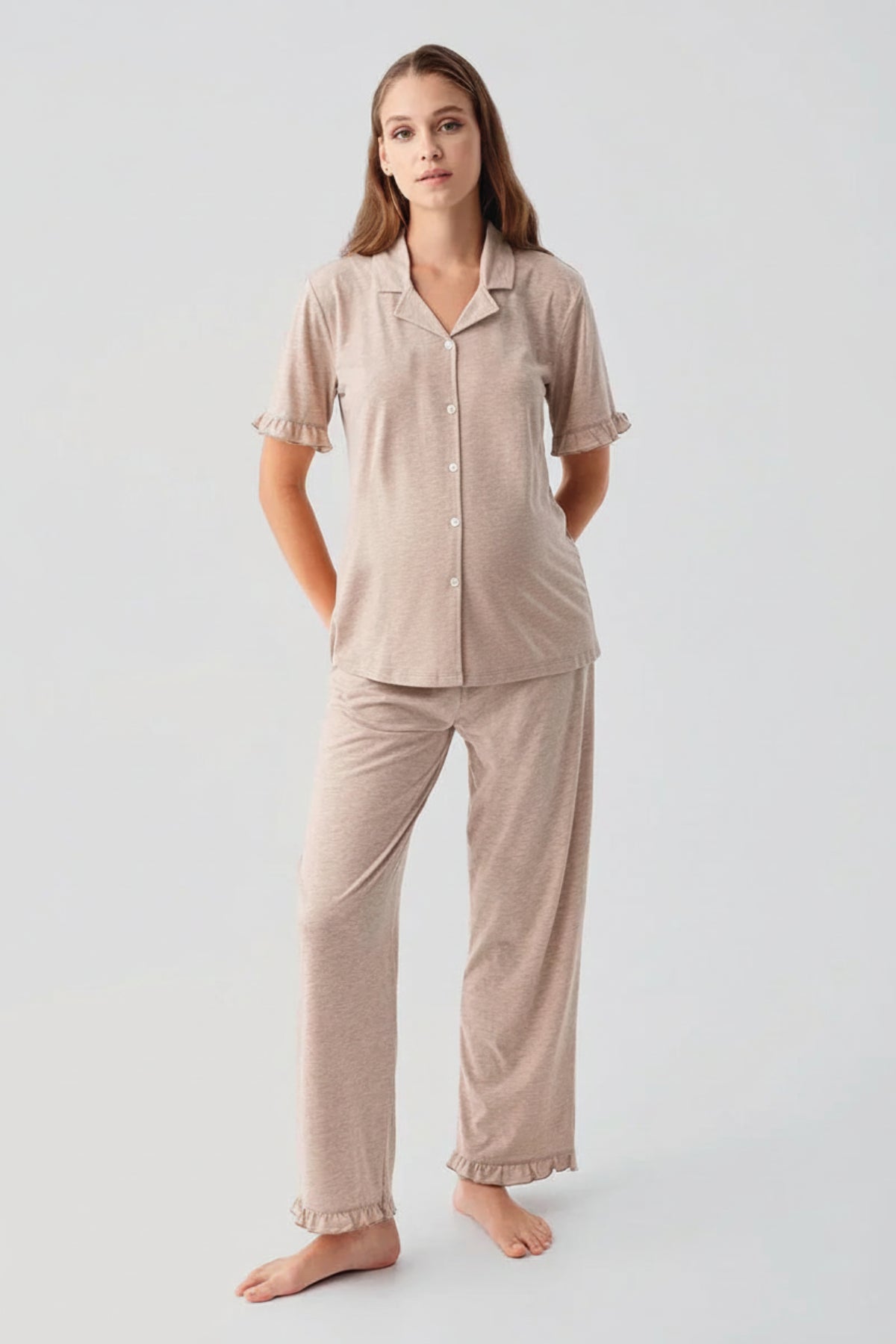 Pleated Sleeves Maternity Feeding-Friendly Pajama Set Coffee - S19219