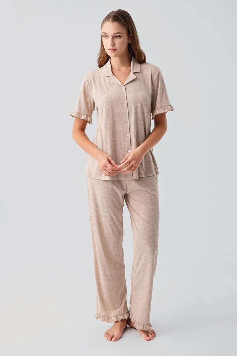 Pleated Sleeves Maternity Feeding-Friendly Pajama Set Coffee - S19219