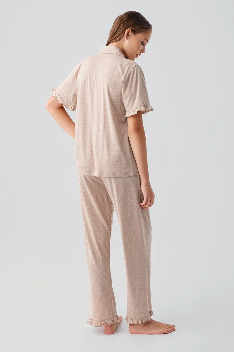 Pleated Sleeves Maternity Feeding-Friendly Pajama Set Coffee - S19219