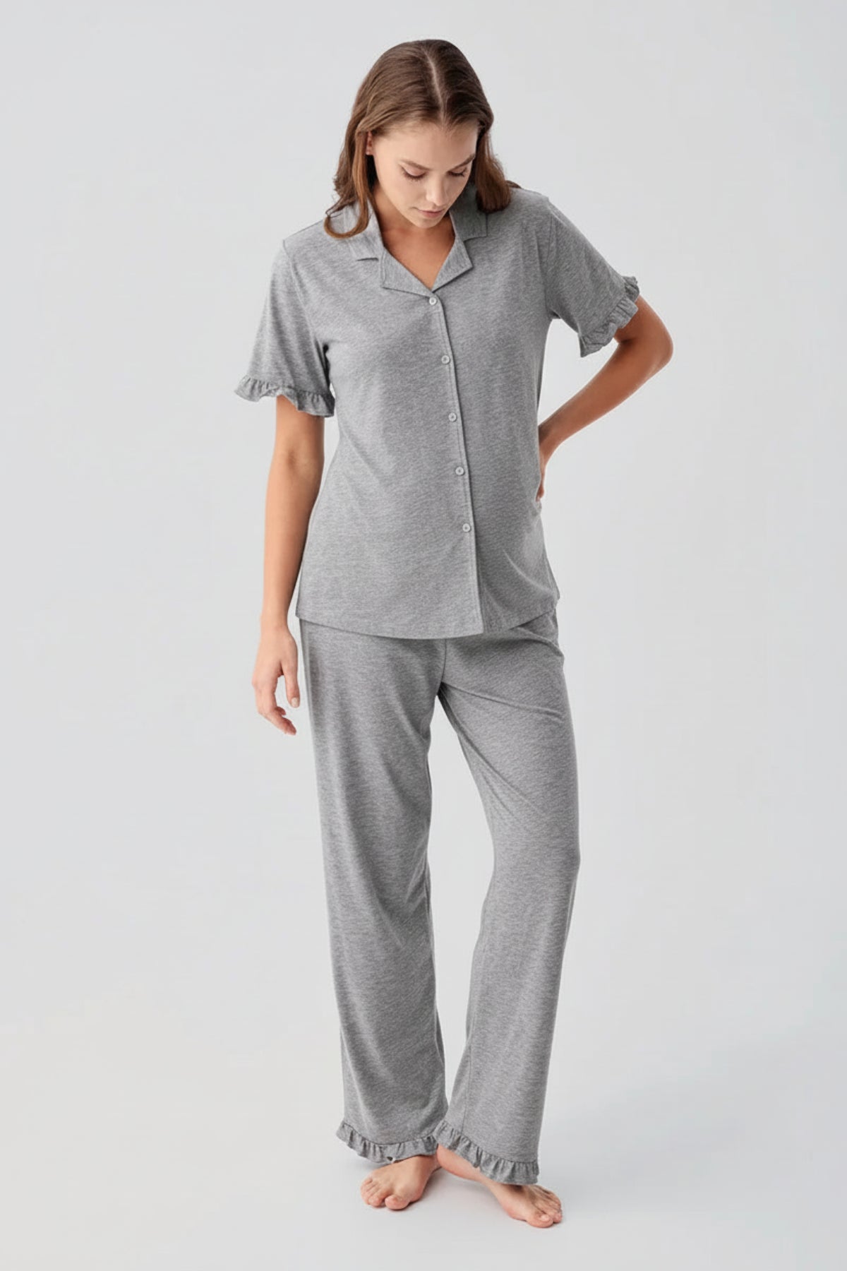 Pleated Sleeves Maternity Feeding-Friendly Pajama Set Grey - S19219