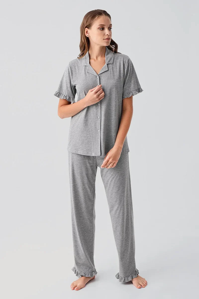 Pleated Sleeves Maternity Feeding-Friendly Pajama Set Grey - S19219