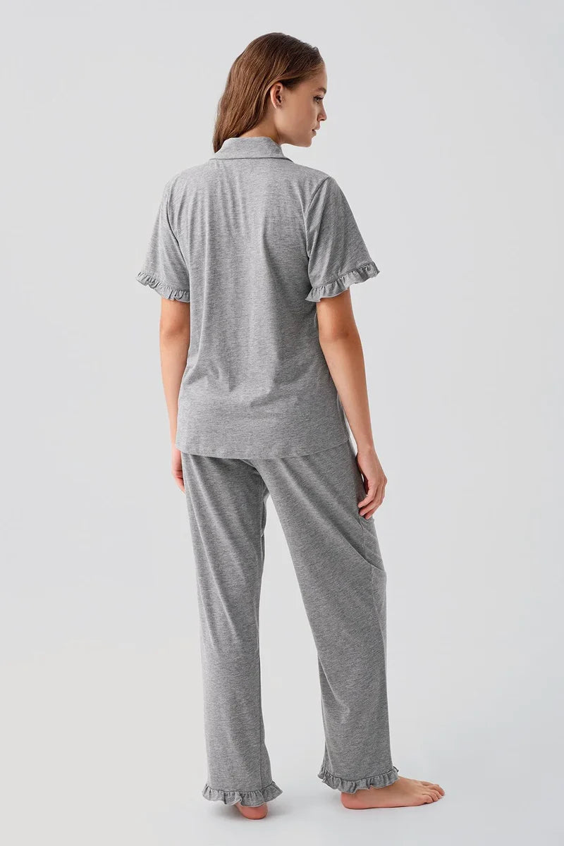 Pleated Sleeves Maternity Feeding-Friendly Pajama Set Grey - S19219