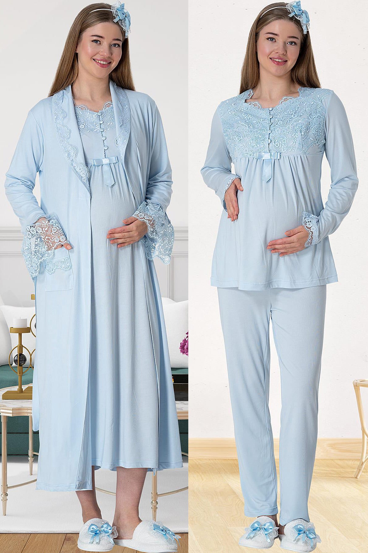 Elegant Lace 4-Piece Maternity Feeding-Friendly Set Blue - C1924