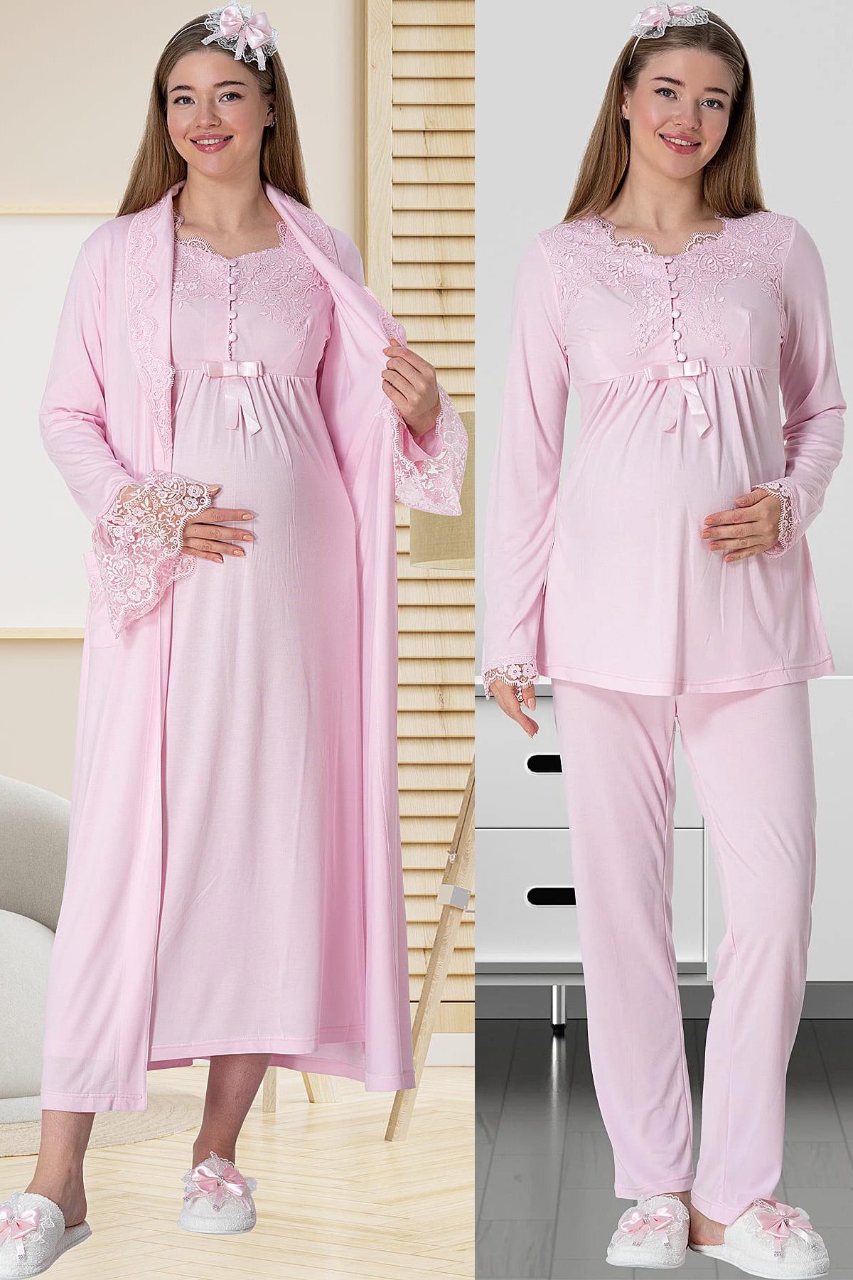 Elegant Lace 4-Piece Maternity Feeding-Friendly Set Pink - C1924