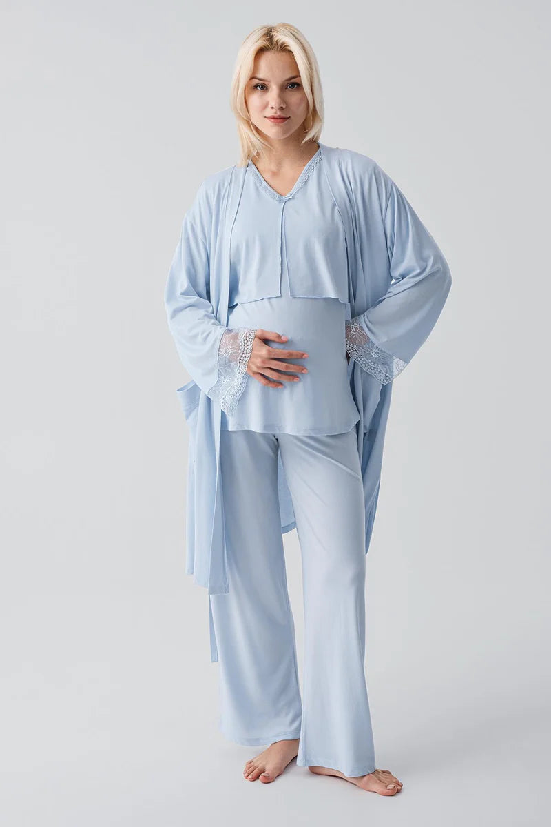 Lace Sleeve 3-Piece Maternity Feeding-Friendly Pajama & Lace Back Robe Set Blue - S19301