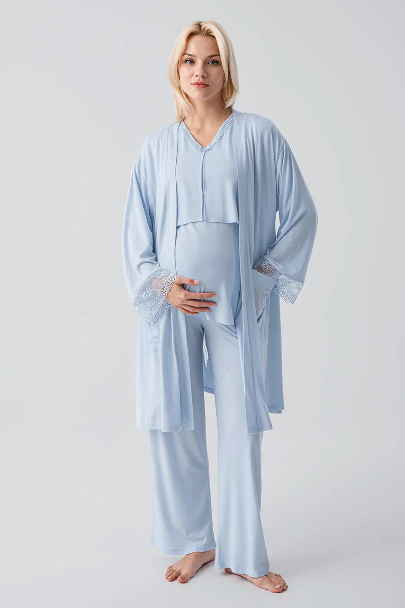Lace Sleeve 3-Piece Maternity Feeding-Friendly Pajama & Lace Back Robe Set Blue - S19301