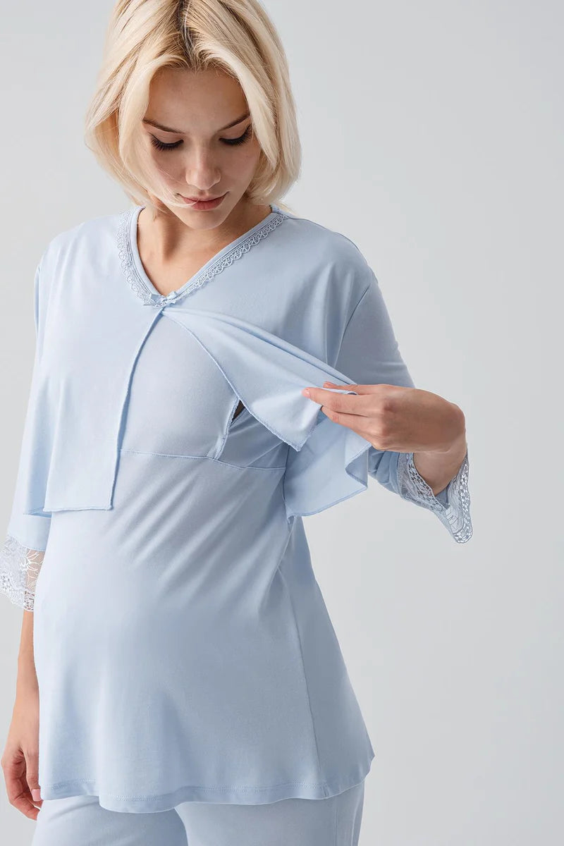 Lace Sleeve 3-Piece Maternity Feeding-Friendly Pajama & Lace Back Robe Set Blue - S19301