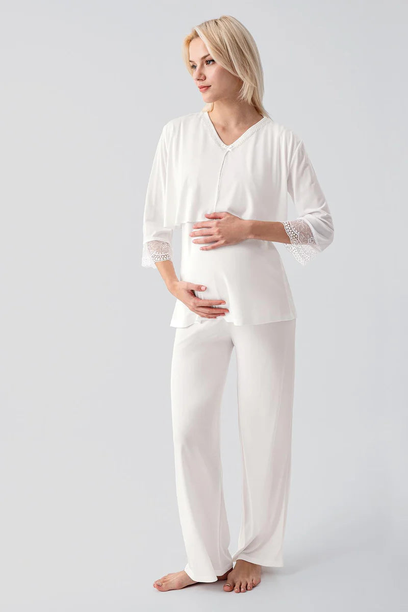 Lace Sleeve 3-Piece Maternity Feeding-Friendly Pajama & Lace Back Robe Set Ecru - S19301