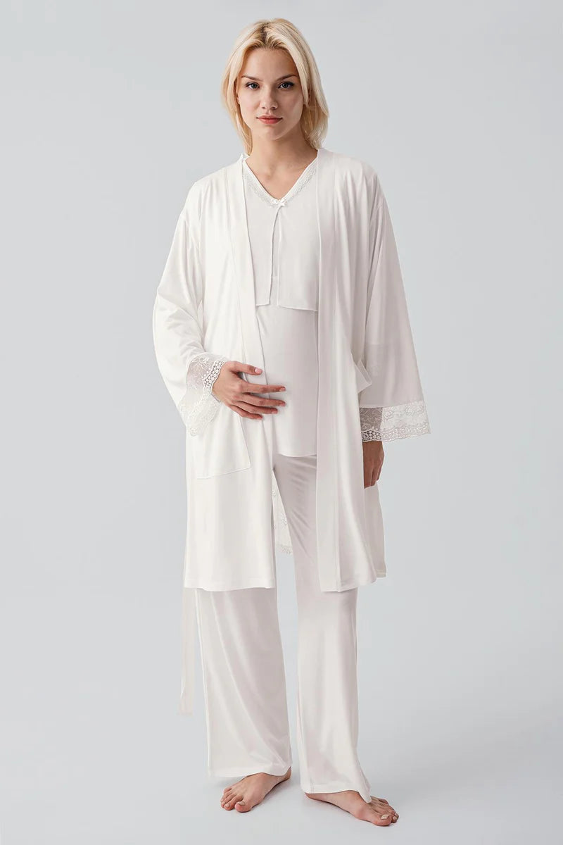 Lace Sleeve 3-Piece Maternity Feeding-Friendly Pajama & Lace Back Robe Set Ecru - S19301