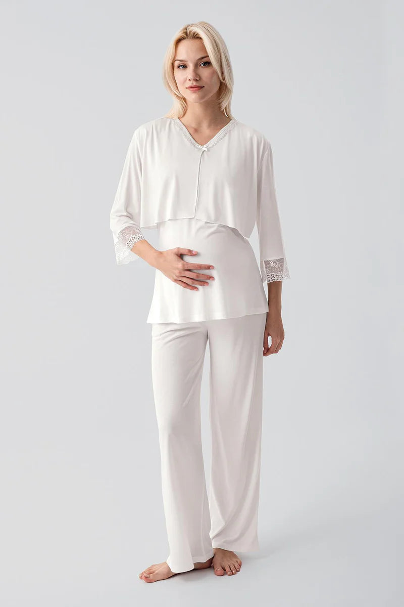 Lace Sleeve 3-Piece Maternity Feeding-Friendly Pajama & Lace Back Robe Set Ecru - S19301