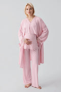 Lace Sleeve 3-Piece Maternity Feeding-Friendly Pajama & Lace Back Robe Set Powder - S19301