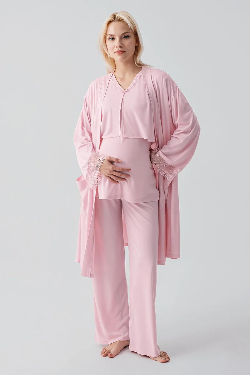 Lace Sleeve 3-Piece Maternity Feeding-Friendly Pajama & Lace Back Robe Set Powder - S19301