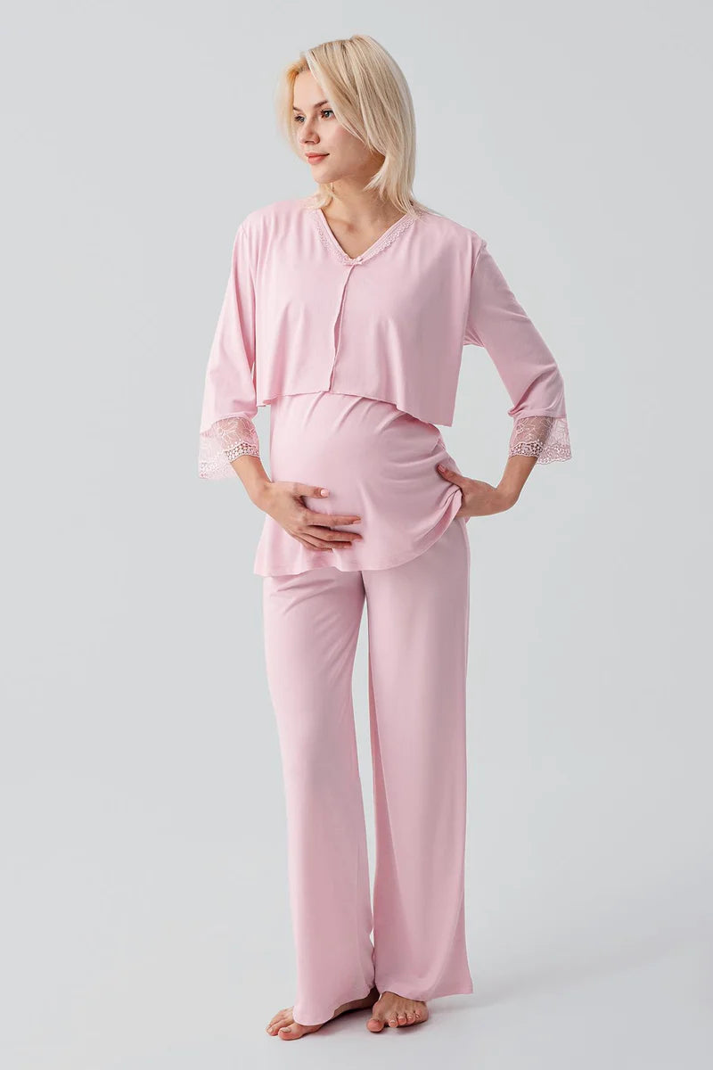 Lace Sleeve 3-Piece Maternity Feeding-Friendly Pajama & Lace Back Robe Set Powder - S19301
