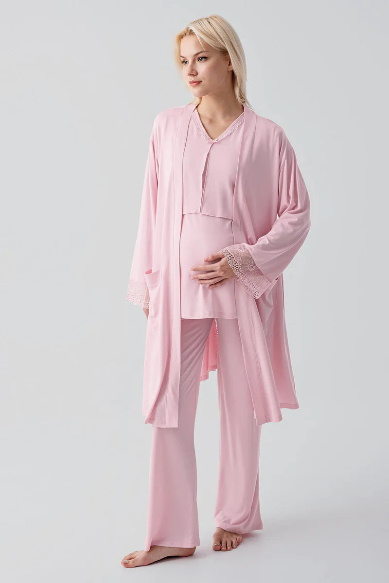 Lace Sleeve 3-Piece Maternity Feeding-Friendly Pajama & Lace Back Robe Set Powder - S19301