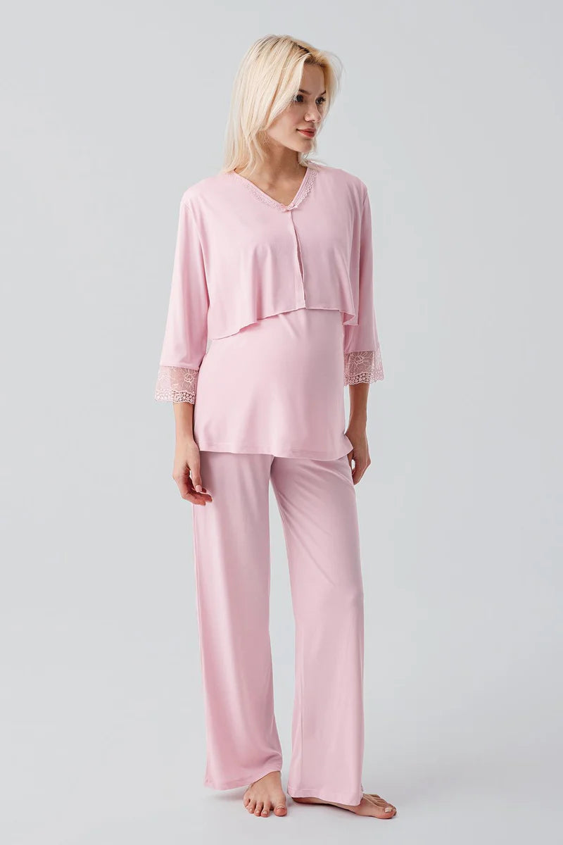 Lace Sleeve 3-Piece Maternity Feeding-Friendly Pajama & Lace Back Robe Set Powder - S19301