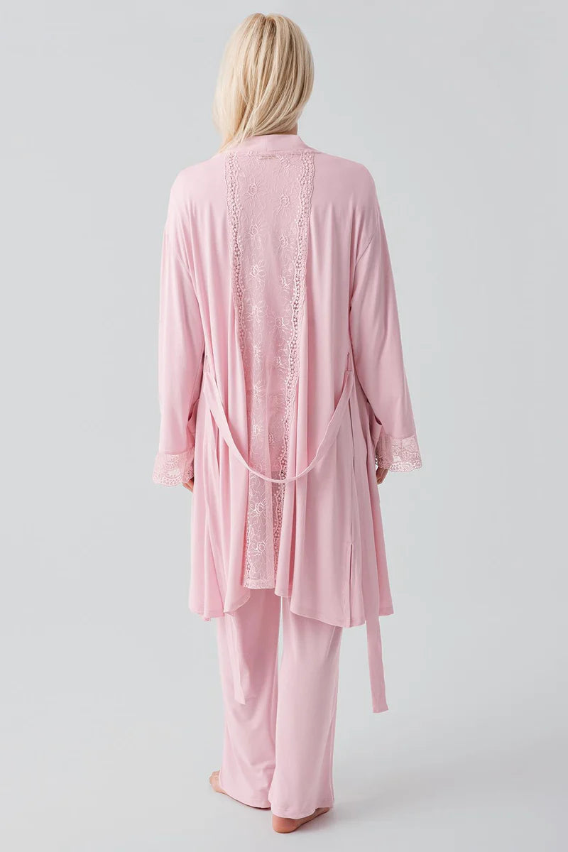Lace Sleeve 3-Piece Maternity Feeding-Friendly Pajama & Lace Back Robe Set Powder - S19301