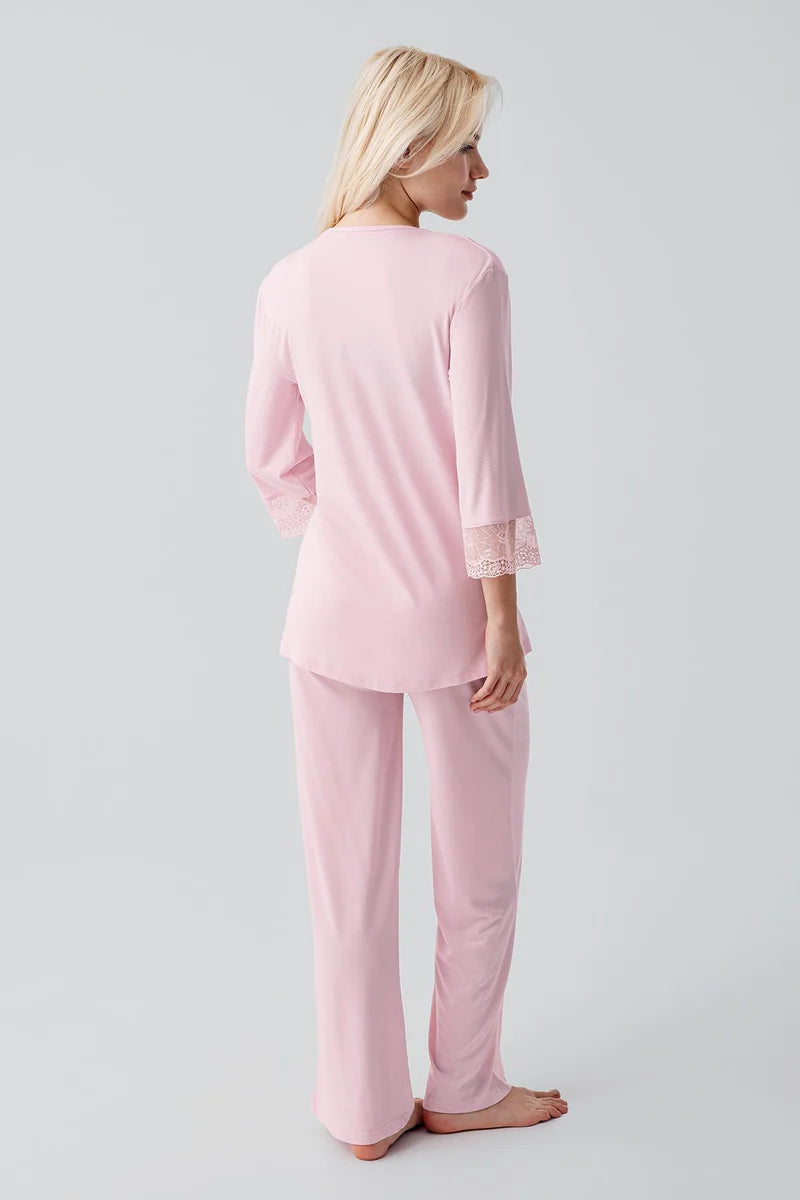 Lace Sleeve 3-Piece Maternity Feeding-Friendly Pajama & Lace Back Robe Set Powder - S19301